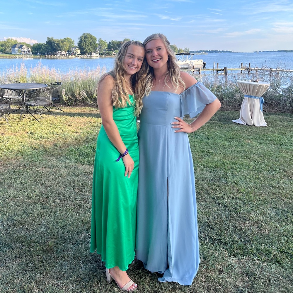 Azazie dusty blue bridesmaid dress.  Off the shoulders.